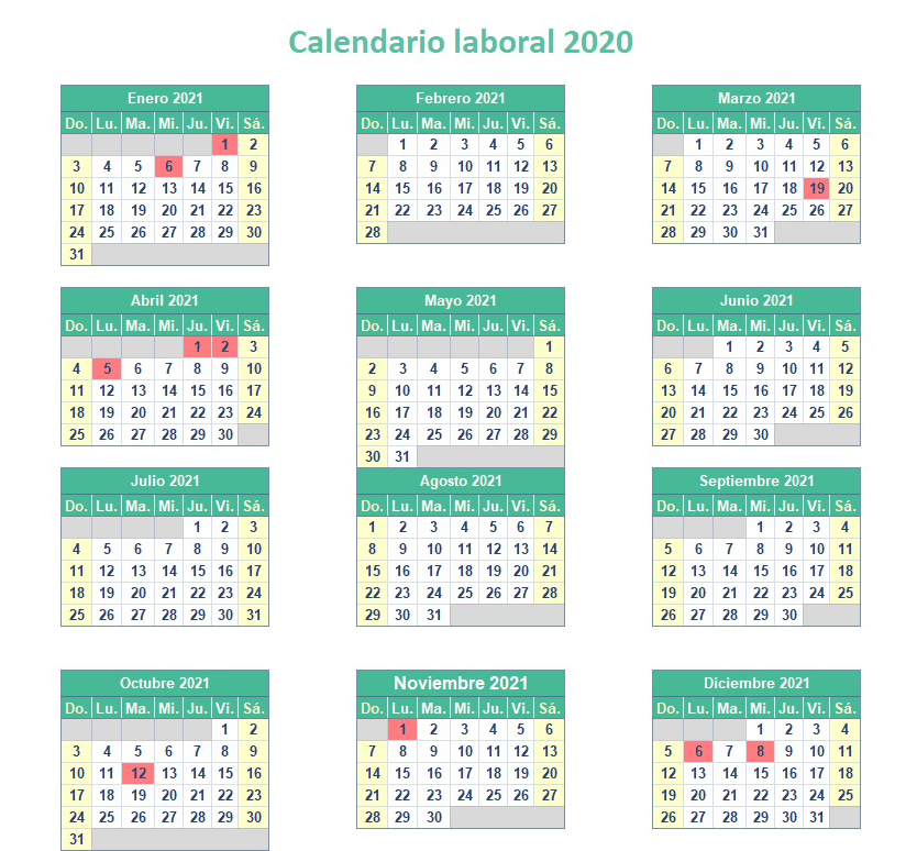 Calendario de festivos y labolares año 2021